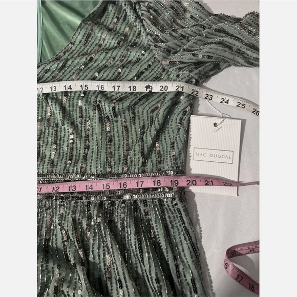 NEW $598 Mac Duggal [ 16 ] Sequined Illusion Long Sleeve A-line Gown‎ Sage Green - Picture 5 of 14